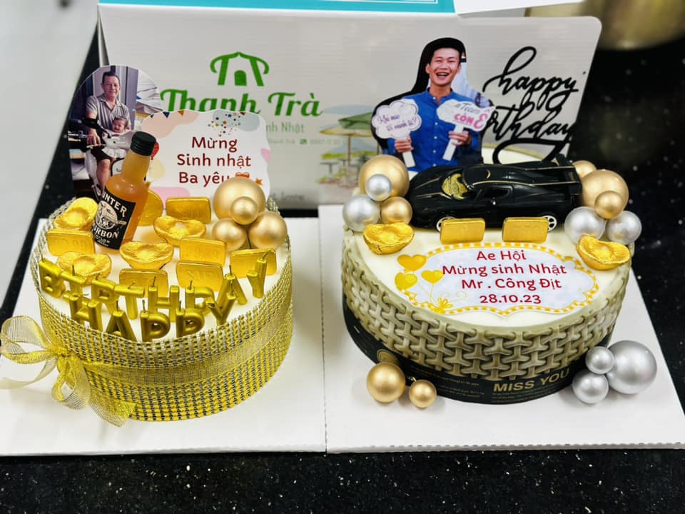 Bánh kem tông xám đen nến chữ Happy Birthday